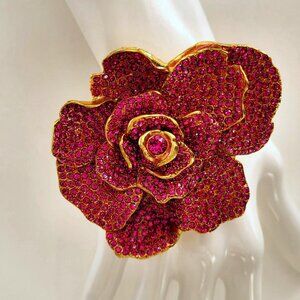 Oscar de la Renta Large Sculptural Pink Crystal 3D Pavé Rosette Bracelet